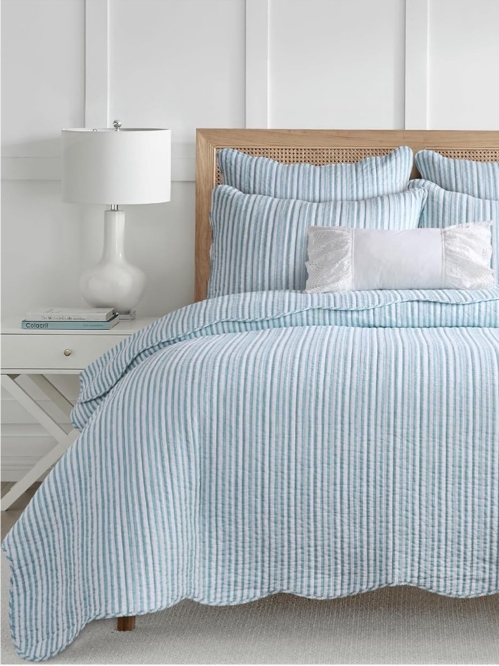 🆕 PB Style Blue & White Striped Cotton Quilt Coverlet Scalloped Trim Set NWT